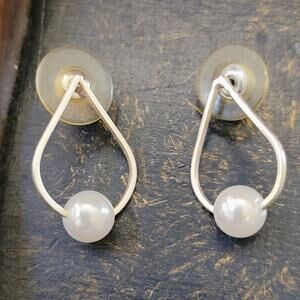Unique 1980s Silver Simulated Pearl Stud Earrings
